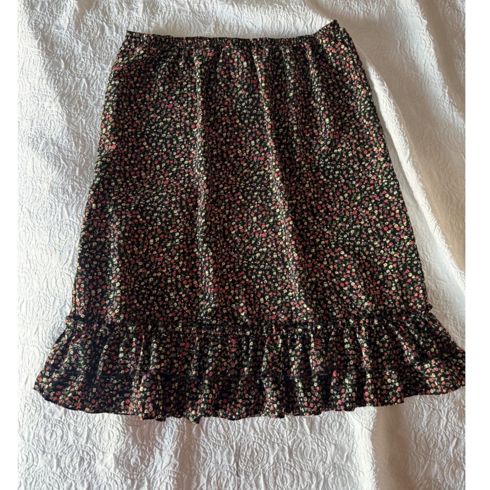 Notations Woman Black Ditsy Floral Ruffle Hem Midi Skirt Elastic Waist 2X